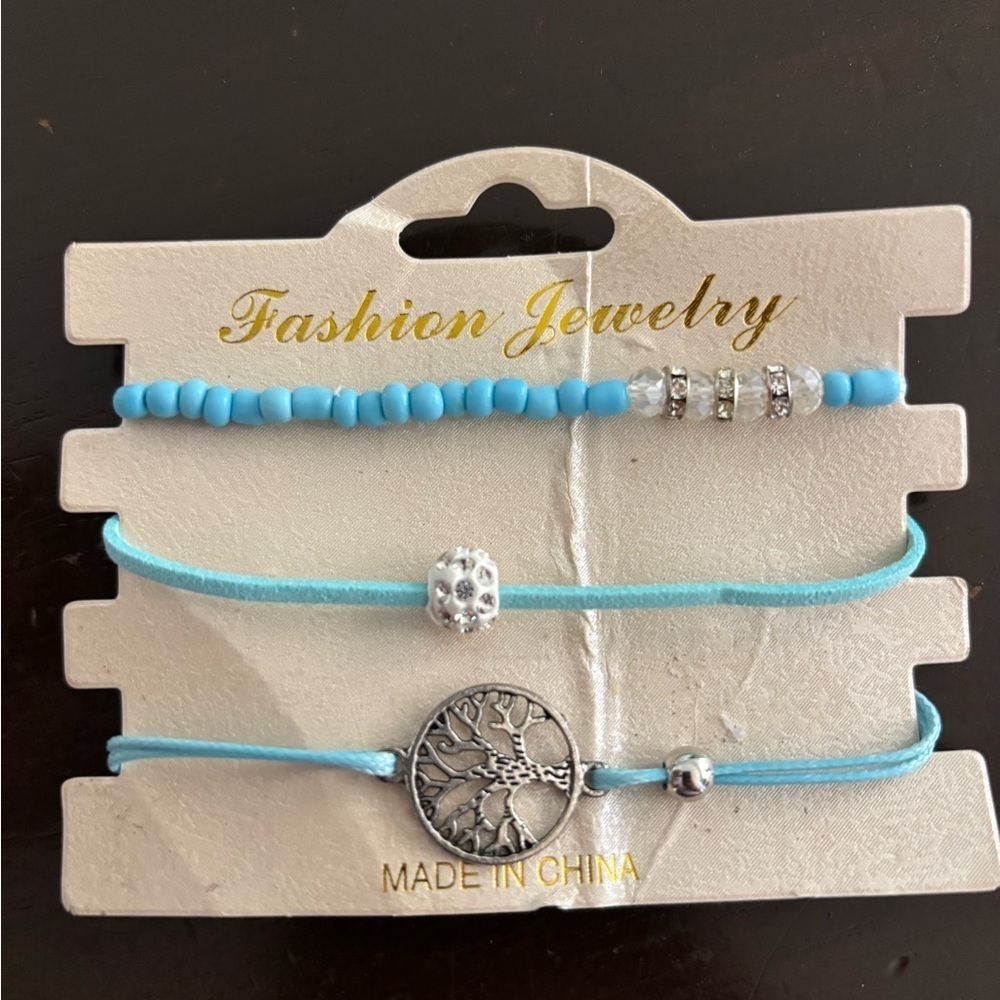 NWT 3 Piece Bracelet Set- Tree Of Life And Aqua Beads/ Colors Summer Beach